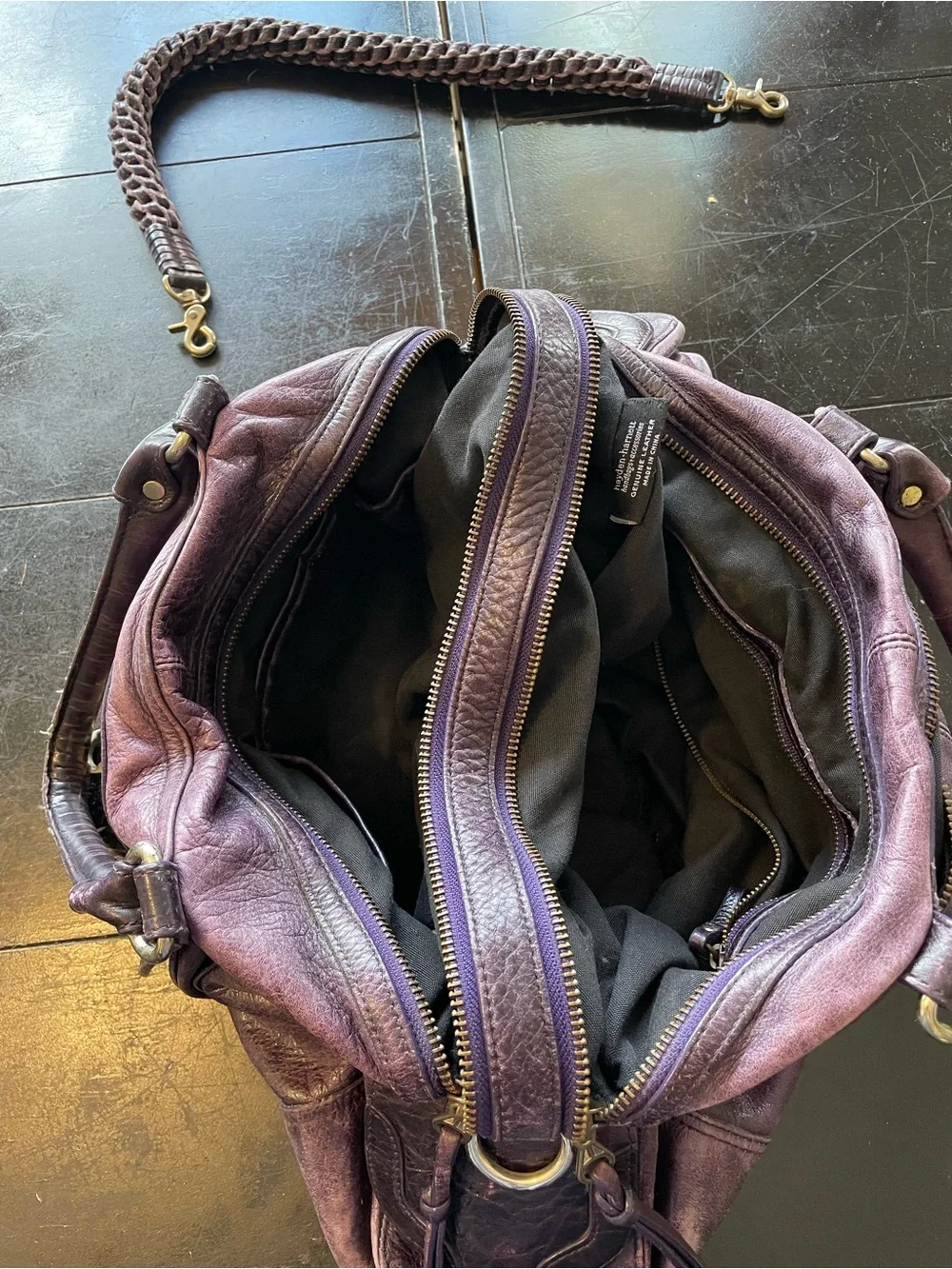 Plum Leather Satchel with Brass Accent Hardware